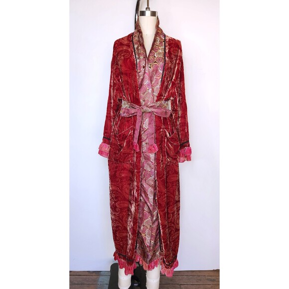 Vintage Velvet Silk Robe Duster Layering - Romantic Long Floral Layering XS S - Picture 9 of 10